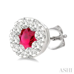 3.3 MM Ruby and 1/2 Ctw Round Cut Diamond Lovebright Precious Stud Earrings in 14K White Gold