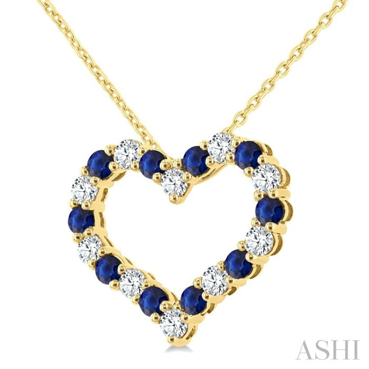 2.3 MM Round Cut Sapphire and 1/2 Ctw Open Heart Round Cut Diamond Precious Fashion Pendant With Chain in 14K Yellow Gold