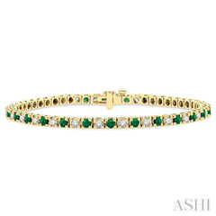 2.5 MM Emerald and 1 1/2 Ctw Round Cut Diamond Square Box Link Precious Tennis Bracelet in 14K Yellow Gold