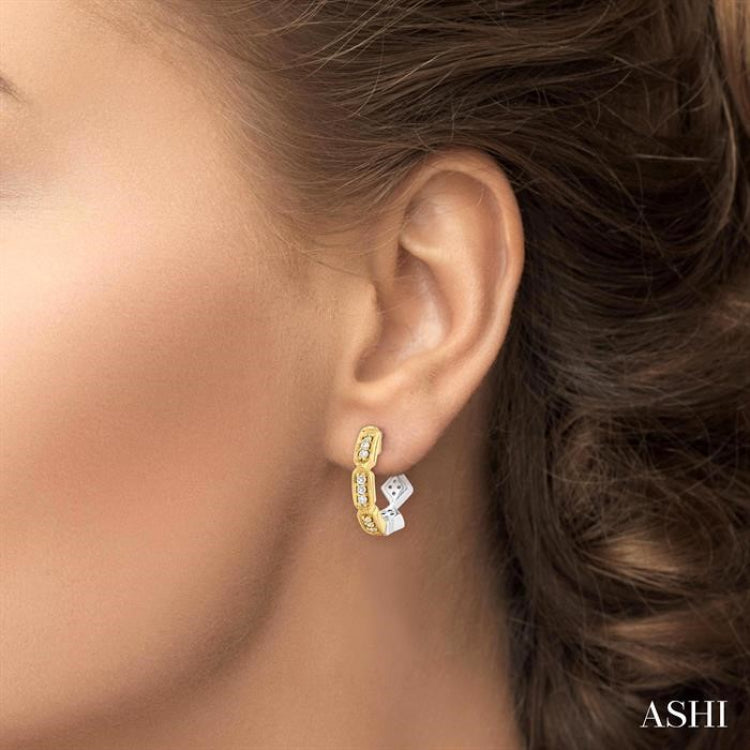 1/5 Ctw Petite Two-Tone Reverted Round Cut Diamond Fashion Huggies in 10K White and Yellow Gold