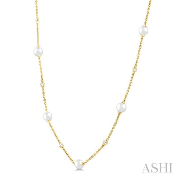 4 MM Round Shape Cultured Pearl and 1/6 Ctw Round Cut Diamond Station Necklace in 14K Yellow Gold