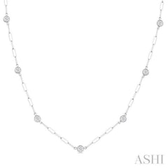 3/4 Ctw Bezel Set Round Cut Diamond Paperclip Station Necklace in 14K White Gold