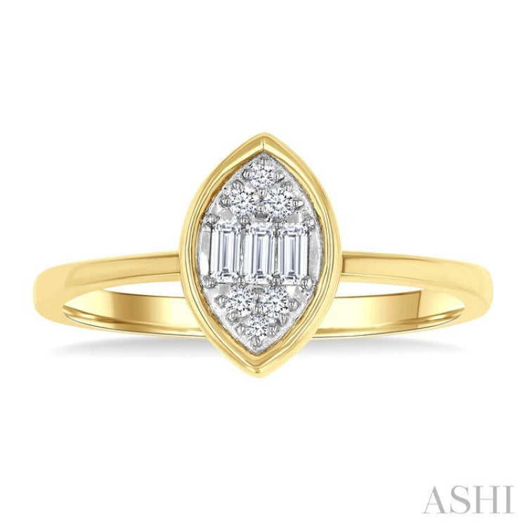 1/6 Ctw Petite Bezel Set Marquise Shape Fusion Baguette and Round Cut Diamond Fashion Ring in 10K Yellow Gold