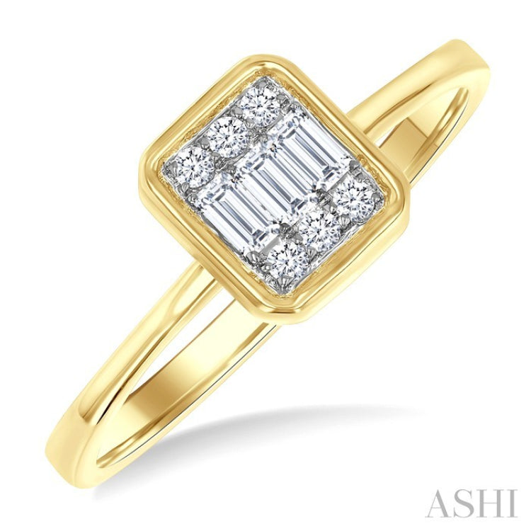 1/6 Ctw Petite Bezel Set Emerald Shape Fusion Baguette and Round Cut Diamond Fashion Ring in 10K Yellow Gold