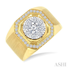 1 3/8 Ctw Octagonal Shape Lovebright Round Cut Diamond Men's Ring in 10K Yellow and White Gold