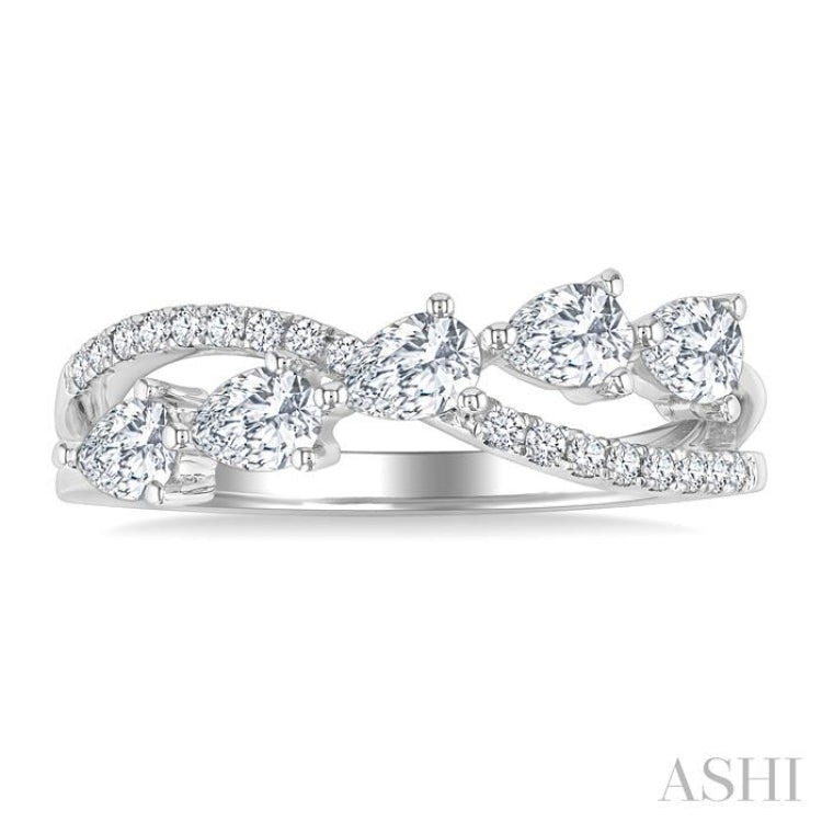 7/8 Ctw Split Criss Cross Pear and Round Cut Diamond Fashion Ring in 14K White Gold