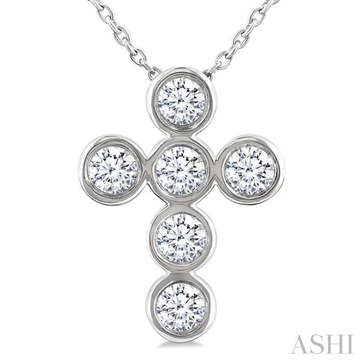 1/2 Ctw Round Cut Diamond 6-Stone Bezel Set Cross Pendant With Chain in 14K White Gold