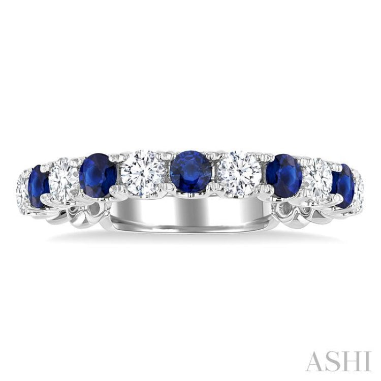 2.85 MM Sapphire and 1/2 Ctw Round Cut Diamond Precious Wedding Band in 14K White Gold