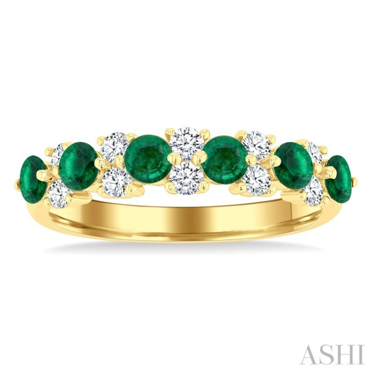 3 MM Emerald and 1/3 Ctw Round Cut Diamond Precious Band in 14K Yellow Gold