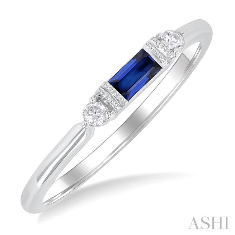 4X2 MM Baguette Cut Sapphire and 1/20 Ctw Round Cut Diamond Precious Fashion Ring in 10K White Gold