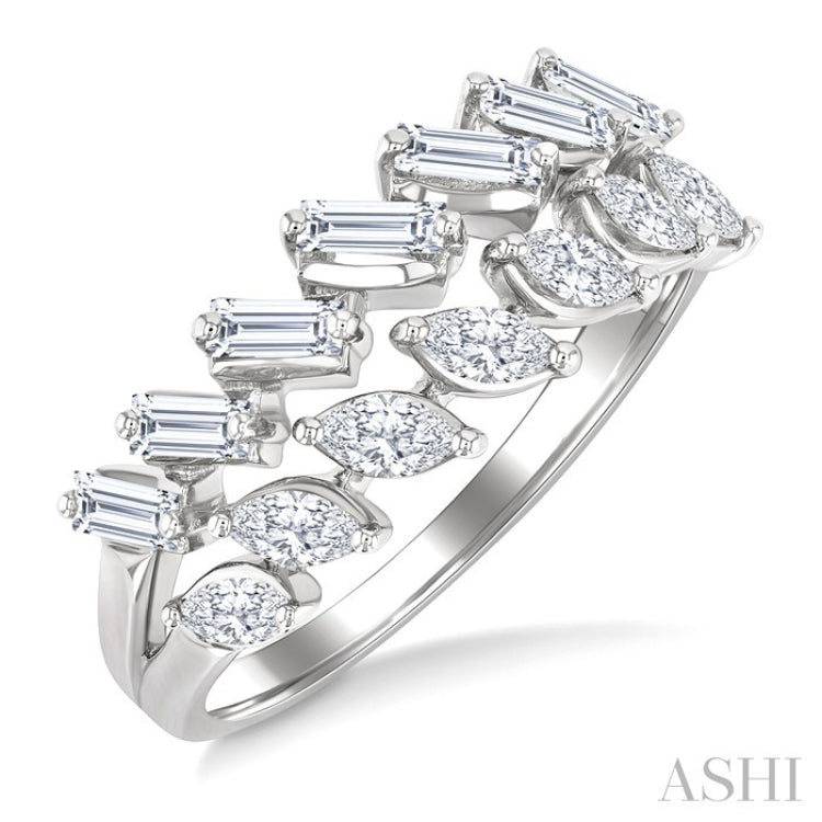 3/4 Ctw Split Twin Row Marquise and Baguette Cut Diamond Fashion Ring in 14K White Gold