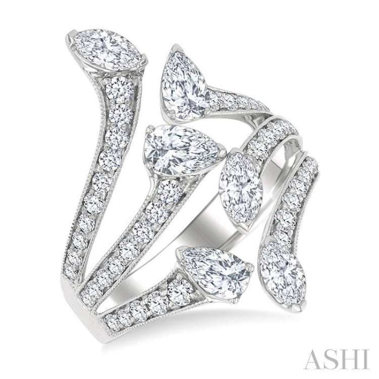 2 1/4 Ctw Bypass Three-Way Split Marquise, Pear and Round Cut Diamond Fashion Open Ring in 14K White Gold