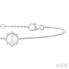 6 MM Round Shape Cultured Pearl and 1/10 Ctw Petite Round Cut Diamond Halo Bracelet in 10K White Gold