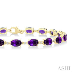 6X4 MM Oval Cut Amethyst and 1/6 Ctw Round Cut Diamond Semi-Precious Tennis Bracelet in 10K Yellow Gold