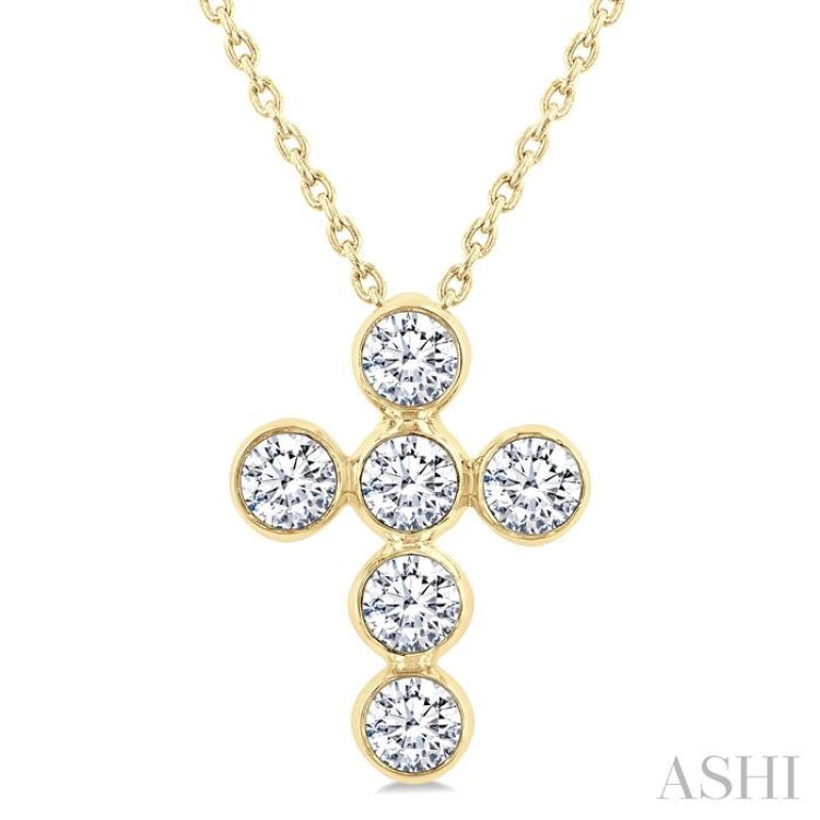3/4 Ctw Round Cut Diamond 6-Stone Bezel Set Cross Pendant With Chain in 14K Yellow Gold