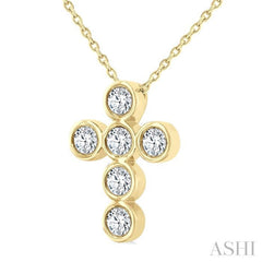 1/2 Ctw Round Cut Diamond 6-Stone Bezel Set Cross Pendant With Chain in 14K Yellow Gold