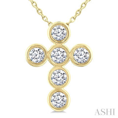 1/2 Ctw Round Cut Diamond 6-Stone Bezel Set Cross Pendant With Chain in 14K Yellow Gold