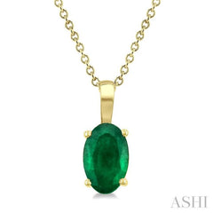 6X4 MM Oval Shape Emerald Precious Solitaire Pendant With Chain in 14K Yellow Gold