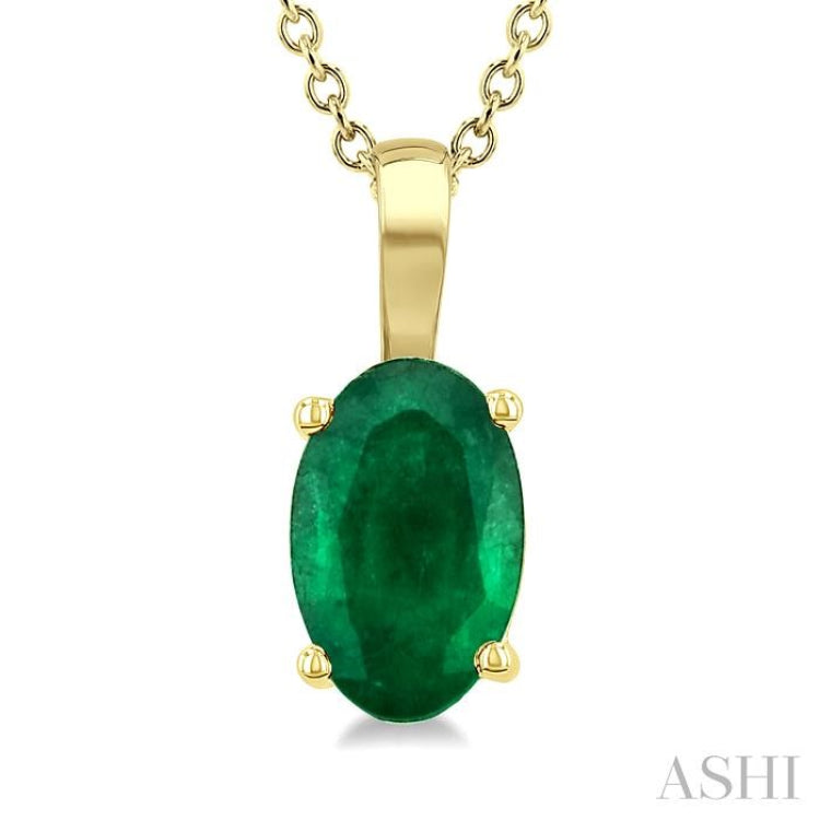 6X4 MM Oval Shape Emerald Precious Solitaire Pendant With Chain in 14K Yellow Gold