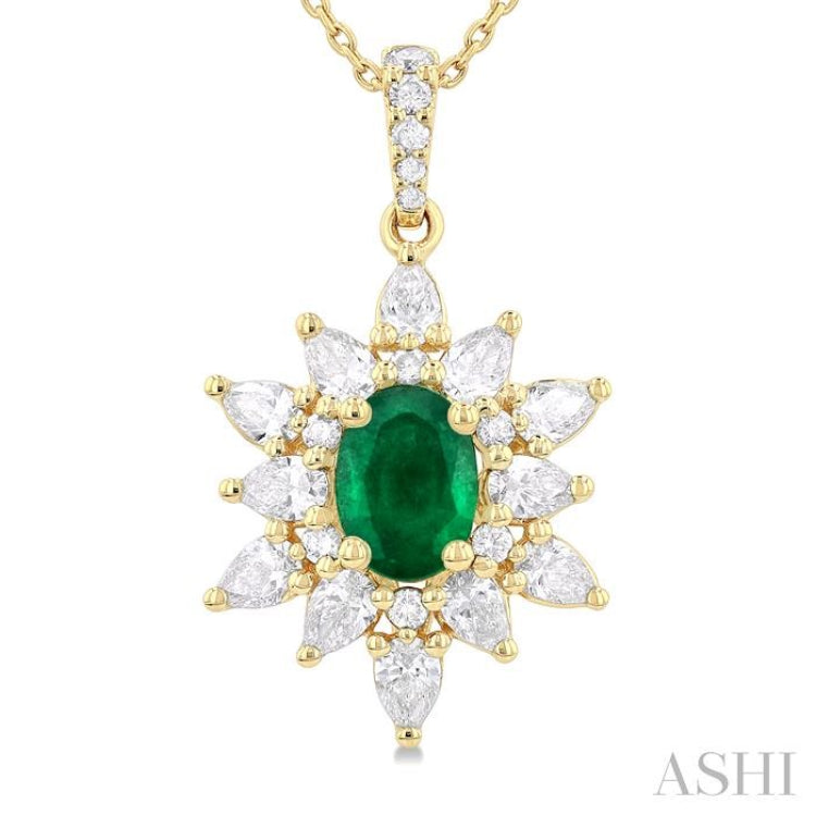 7x5 MM Oval Cut Emerald and 1 Ctw Pear & Round Cut Diamond Precious Pendant With Chain in 14K Yellow Gold