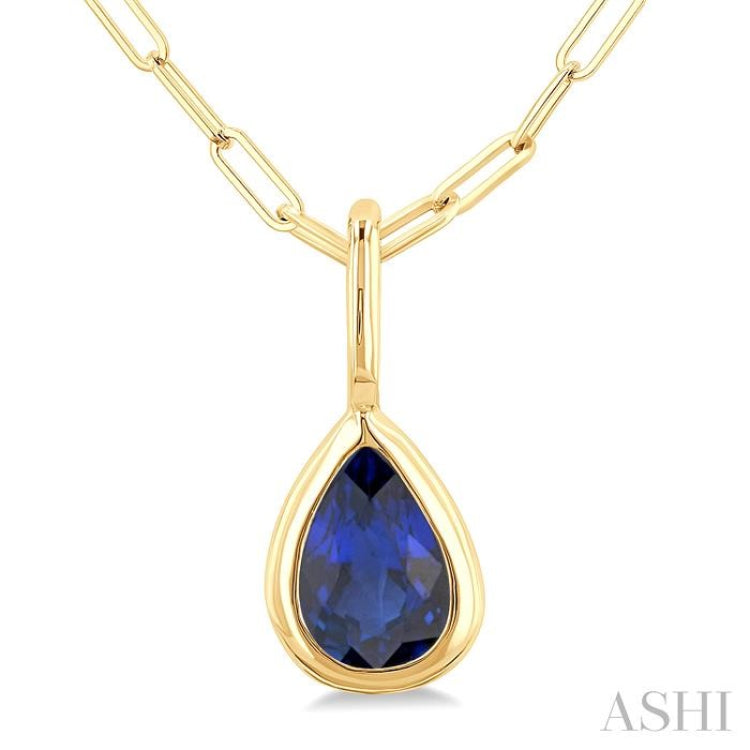 6x4 MM Bezel Set Pear Cut Sapphire Precious Fashion Pendant With Paperclip Chain in 10K Yellow Gold