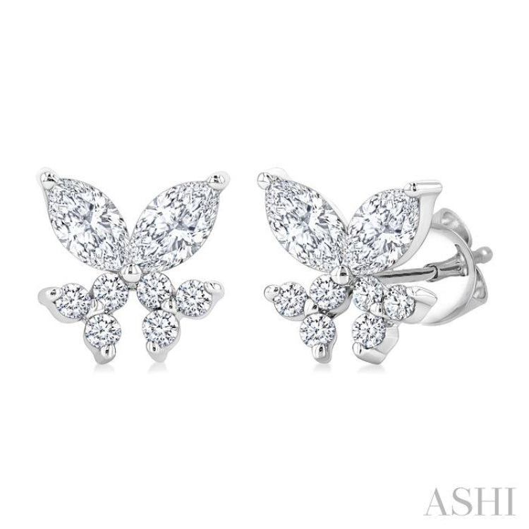 3/8 Ctw Marquise and Round Cut Diamond Criss Cross Fish Stud Earrings in 14K White Gold