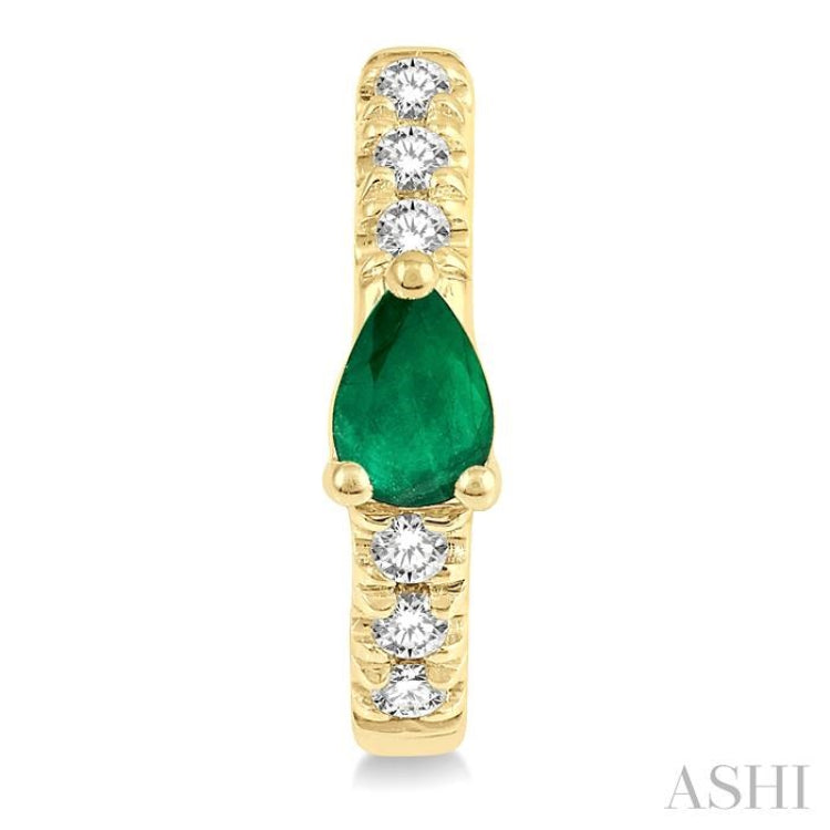 4X3 MM Pear Cut Emerald and 1/10 Ctw Round Cut Diamond Petite Huggie Earrings in 10K Yellow Gold