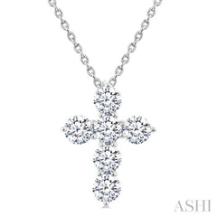 1 Ctw Round Cut Diamond Christian Cross 6-Stone Fashion Pendant With Chain in 14K White Gold