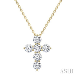 3/4 Ctw Round Cut Diamond Christian Cross 6-Stone Fashion Pendant With Chain in 14K Yellow Gold