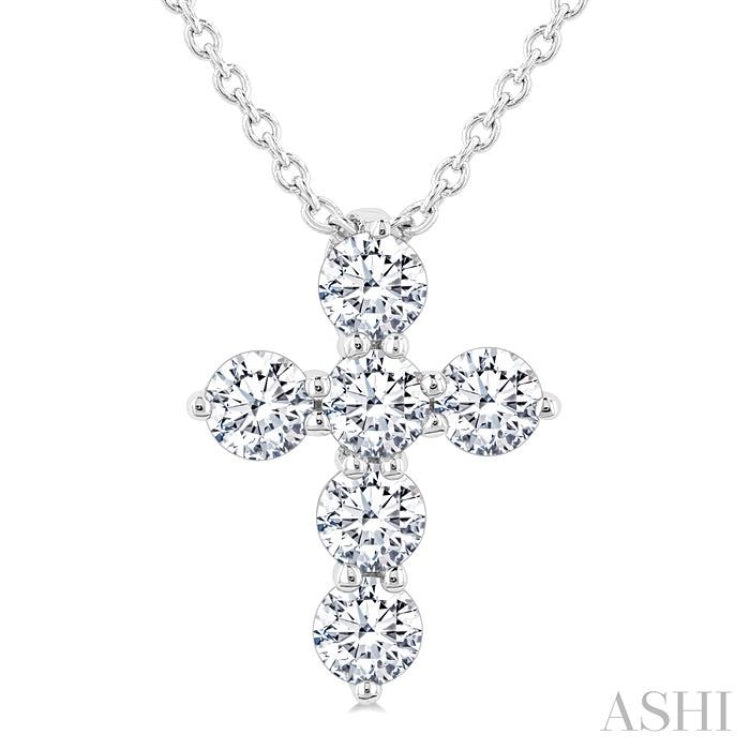 1/3 Ctw Round Cut Diamond Christian Cross 6-Stone Fashion Pendant With Chain in 14K White Gold