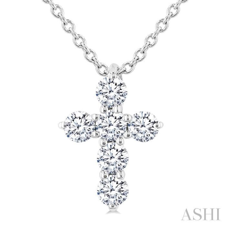 1/4 Ctw Round Cut Diamond Christian Cross 6-Stone Fashion Pendant With Chain in 14K White Gold