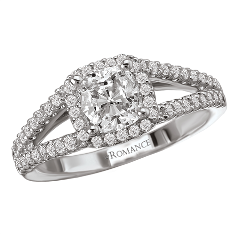 18K White Gold Romance Collection Diamond Halo Split Shank Semi-Mount Engagement Ring