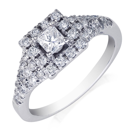 14K White Gold Halo Engagement Ring With .60ctw Of Diamond Melee And Set With A 1/3ct Princess Cut Diamond