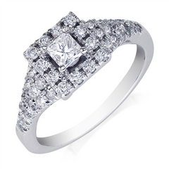 14K White Gold Halo Engagement Ring With .60ctw Of Diamond Melee And Set With A 1/3ct Princess Cut Diamond