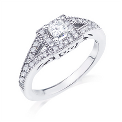 14K White Gold Halo Engagement Ring With .36ct Of Round Pave Set Melee And A 3/8ct Princess Cut Center Diamond.